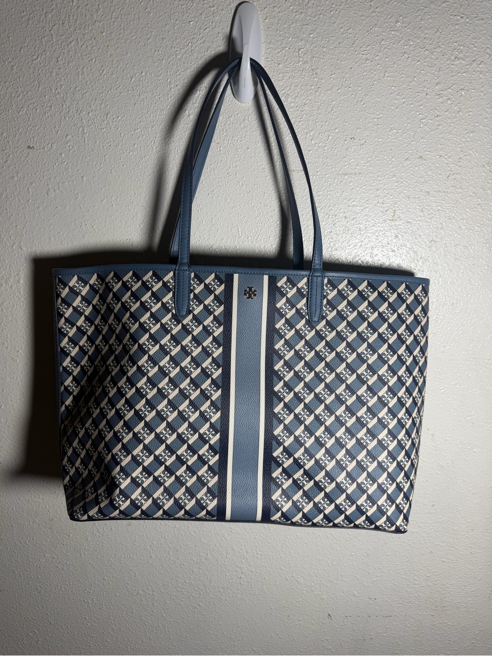 Tory Burch Blue and White Patterned Tote with Center Stripe